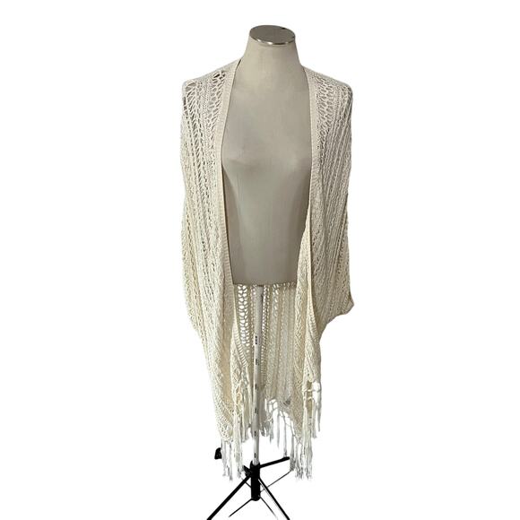 Cream Fringe Knit Crochet Long Cardigan Sweater Sz M/L Boho Coverup - Picture 1 of 8